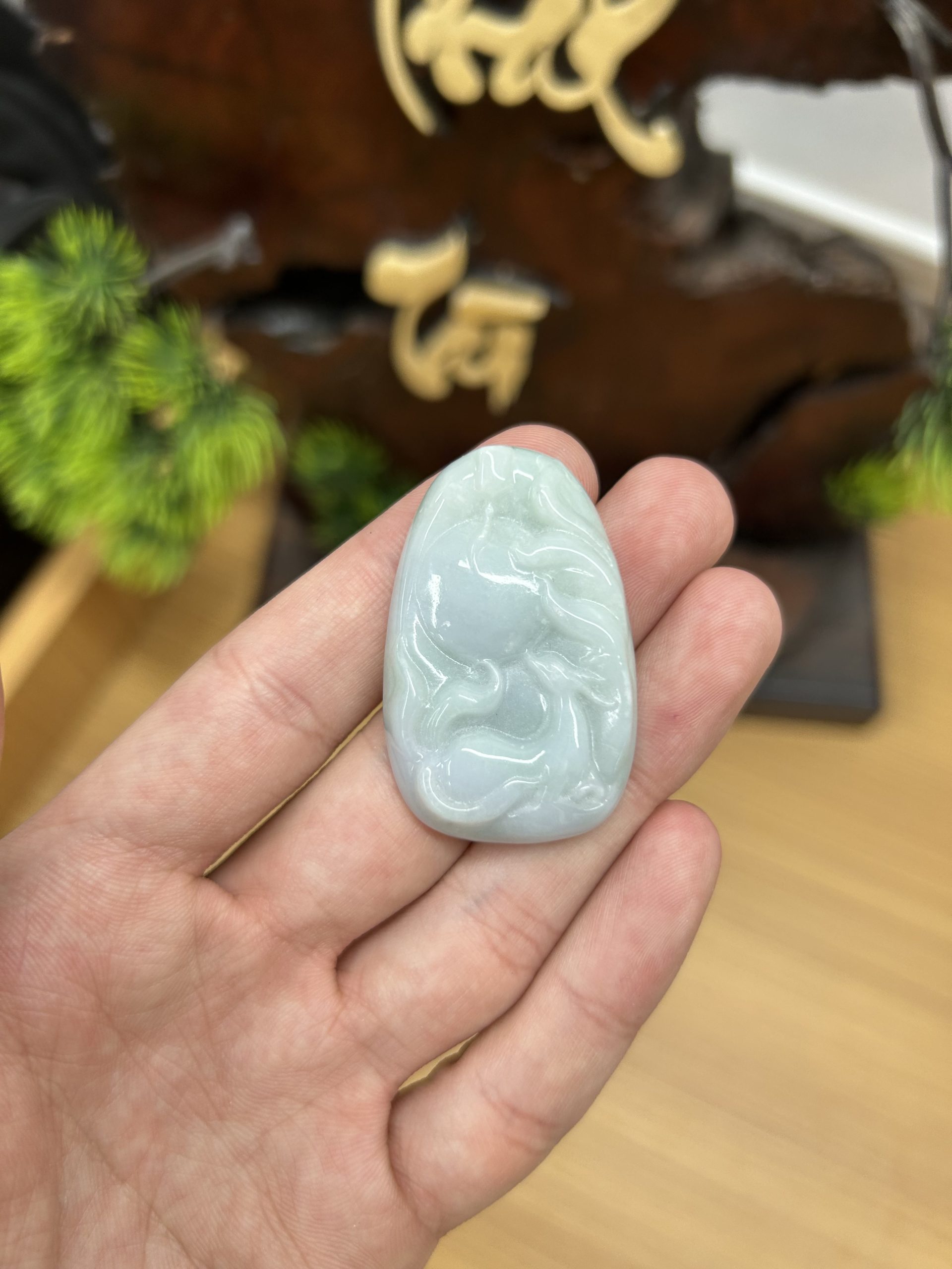 PK034 - Vòng mặt hồ ly màu Xanh ngọc chủng nếp hóa keo kích thước 44x28x7.5 mm
